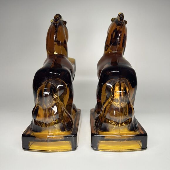 Vintage Rare L.E. Smith Amber Satin Glass Rearing Horse Bookends Pair Of 2 MCM - Picture 4 of 13